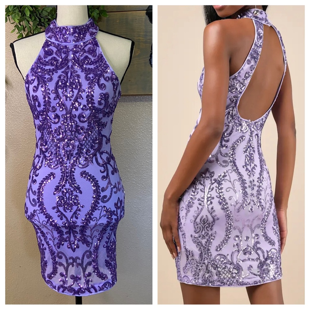NWOT Lulus Glittering Glamour Lavender Sequin Mock Neck Mini Dress